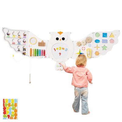 Olakids Owl Sensory Wall, 11 in 1 Wooden Montessori Busy Board Panel with Magnetic Whiteborad Mirror 26 Accessories, Toddler Wall Mounted Activity Center Educational Toys Learning Gift (White Owl)