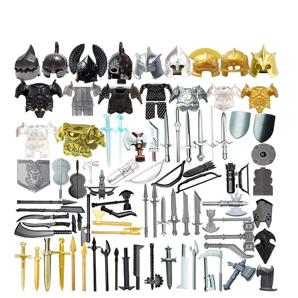 AERFGDE 83PCS Medieval Knight Weapon Accessories Building Blocks Set,Including Helmet Armor Shield,Designed for Mini Figures,Compatible with All Major Brands,MOC Bricks Parts Sets for Display Model