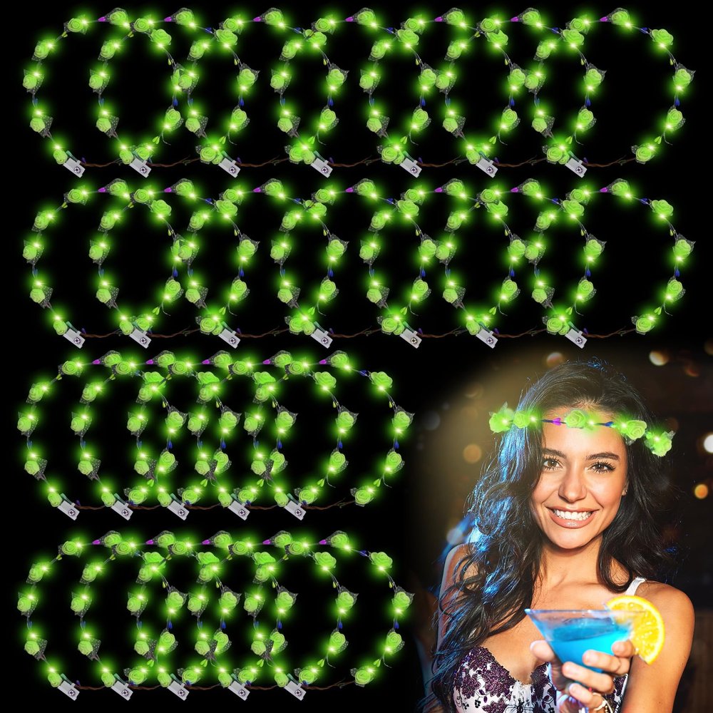 YOFOBU 36PCS LED Flower Crown,Green Light Up Flower Headband for Women,Glow in The Dark Flower Wreath Crowns for Valentines Day,St Patrick Day,Wedding,Birthday Beach Party Favors