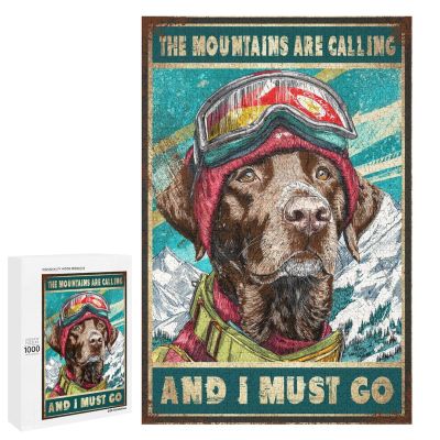 1000 PCS Wood Jigsaw Puzzles for Adults Ski Bulldog Skiing The Mountains are Calling and I Must Go Vertical Puzzles for Adults Games Educational Toys Gifts
