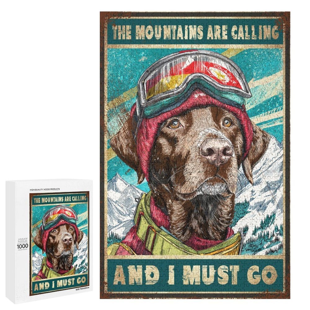1000 PCS Wood Jigsaw Puzzles for Adults Ski Bulldog Skiing The Mountains are Calling and I Must Go Vertical Puzzles for Adults Games Educational Toys Gifts