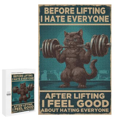 1000 PCS Wood Jigsaw Puzzles for Adults Black Cat Gym Before Lifting I Hate Everyone Puzzles for Adults Games Educational Toys Gifts
