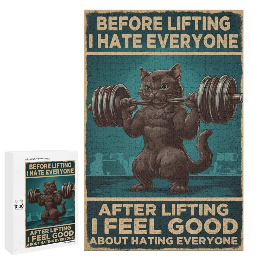 1000 PCS Wood Jigsaw Puzzles for Adults Black Cat Gym Before Lifting I Hate Everyone Puzzles for Adults Games Educational Toys Gifts