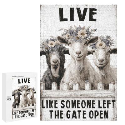 1000 PCS Wood Jigsaw Puzzles for Adults Outside Goats Live Like Someone Left The Gate Open Wall Goat Puzzles for Adults Games Educational Toys Gifts