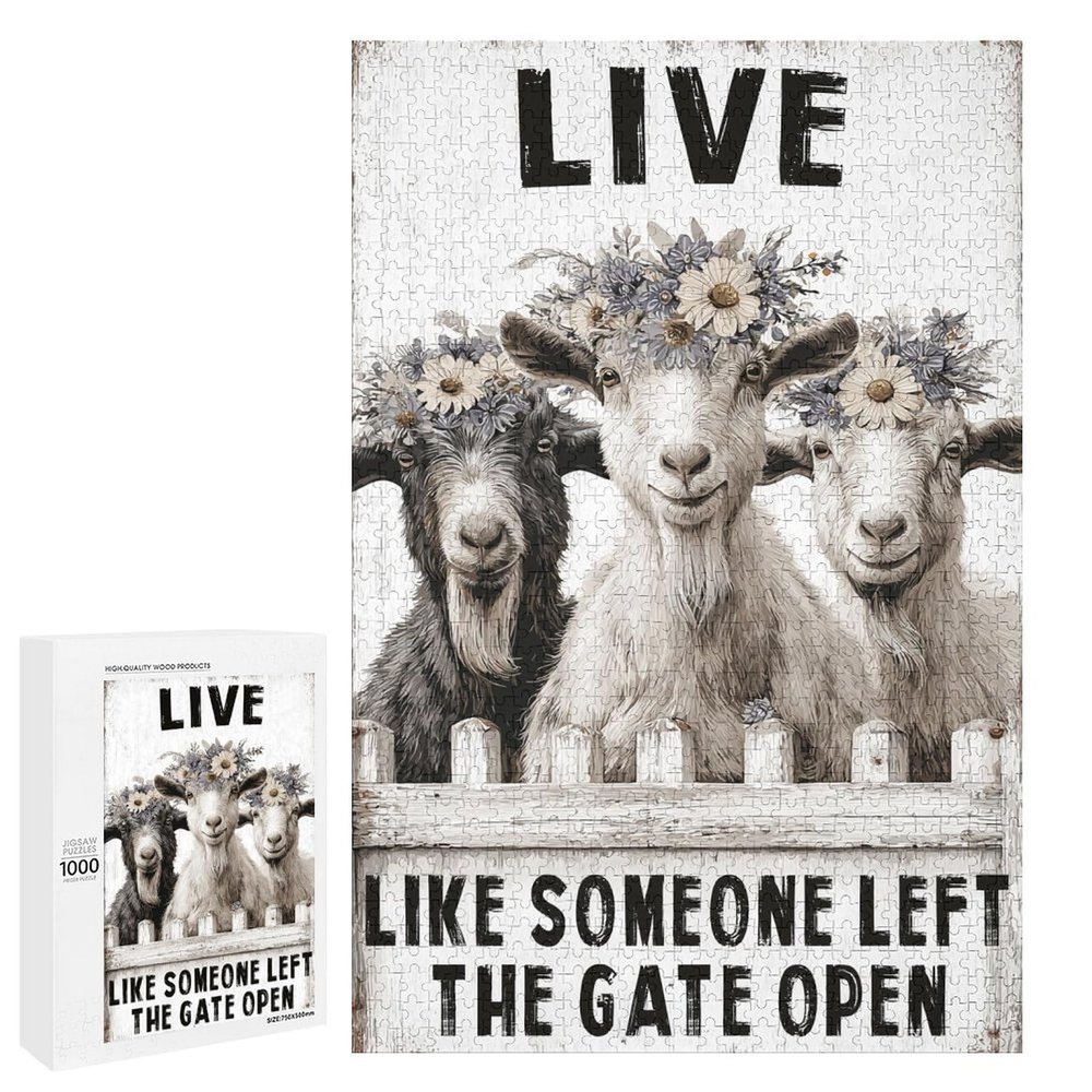 1000 PCS Wood Jigsaw Puzzles for Adults Outside Goats Live Like Someone Left The Gate Open Wall Goat Puzzles for Adults Games Educational Toys Gifts