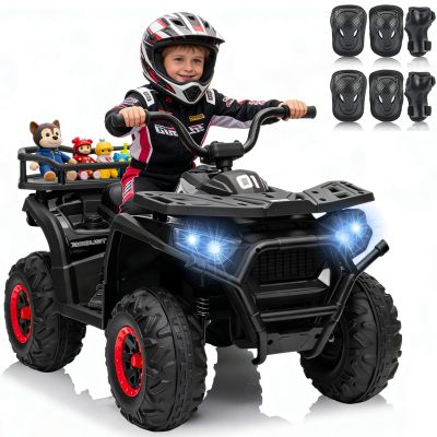 24V 4WD Kids ATV, Ride On Toy Car w/Kneepads, Music, LED Lights, 5Mph Max Speed, Rear Storage Rack, Spring Suspension, Safe Soft Start&Brake, Kids 4 Wheeler for Kids Boys Girls, L Black