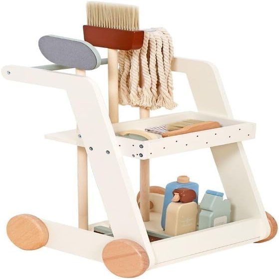 Kids Wooden Cleaning Cart Trolley Pretend Play Set Toy Cart Kids Role Play Janitor Cleaning Set Household Pretend Play Childrens Toy Gift Ages 3+