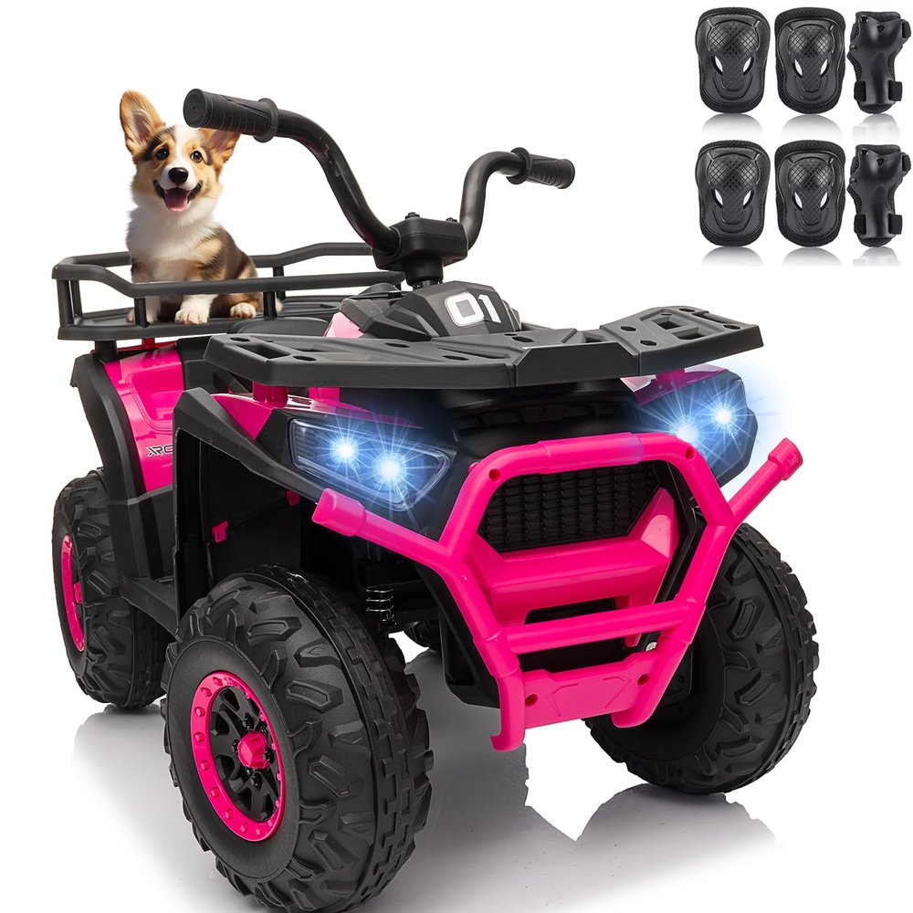 24V 4WD Kids ATV, Ride On Toy Car w/Kneepads, Music, LED Lights, 5Mph Max Speed, Rear Storage Rack, Spring Suspension, Safe Soft Start&Brake, Kids 4 Wheeler for Kids Boys Girls, L Pink