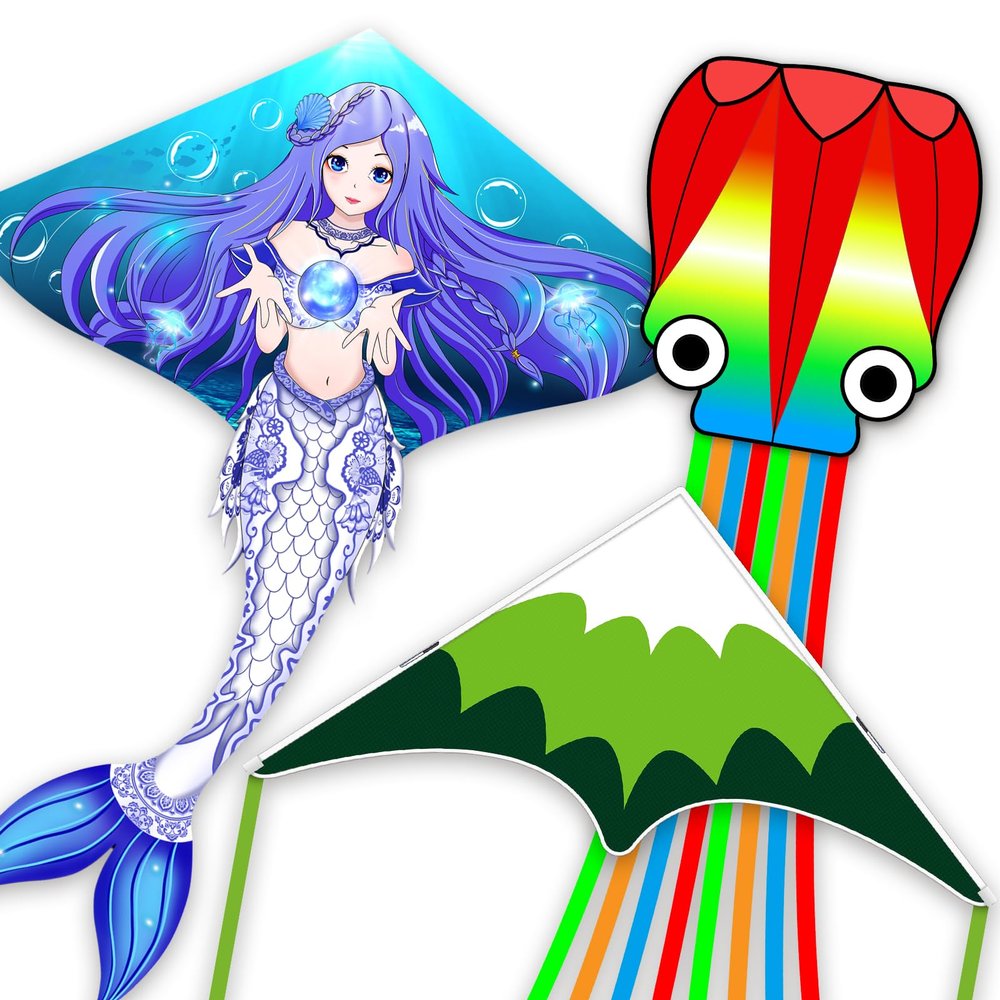 3 Piece Set Mermaid Delta Octopus Kites for Kids and AdultsEasy to Fly for Beginner, Outdoor Kite for Boys & Girls Toy,Perfect for Beaches and Parks & Family Fun (Forest+Octopus+Celadon Mermaid, 3)