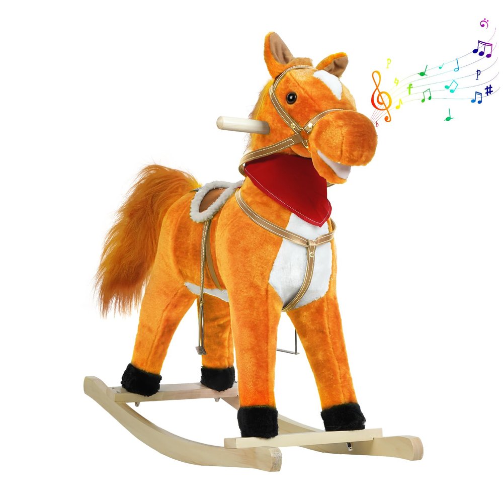 Rocking Horse Plush Animal on Wooden Rockers, Ride-On Rocking Horse Chair with Musical Sounds, Moving Mouth and Wagging Tail, 110 Lbs Weight Capacity (Light Brown-Middle)