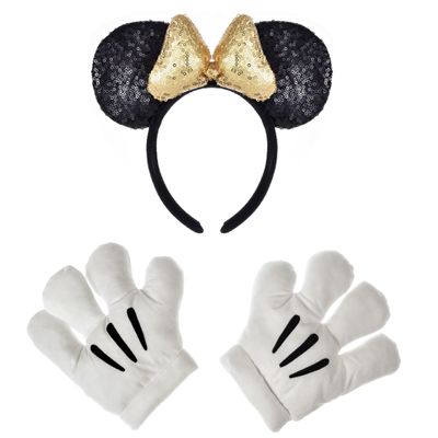 A Miaow Black Mouse Ears Headband 3D Glitter Sequins Bow White Cartoon 4-Finger Mice Hand Glove Set for Cosplay Costume Party (Black and Golden Set)