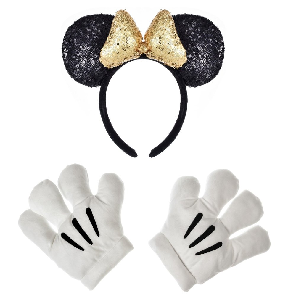 A Miaow Black Mouse Ears Headband 3D Glitter Sequins Bow White Cartoon 4-Finger Mice Hand Glove Set for Cosplay Costume Party (Black and Golden Set)