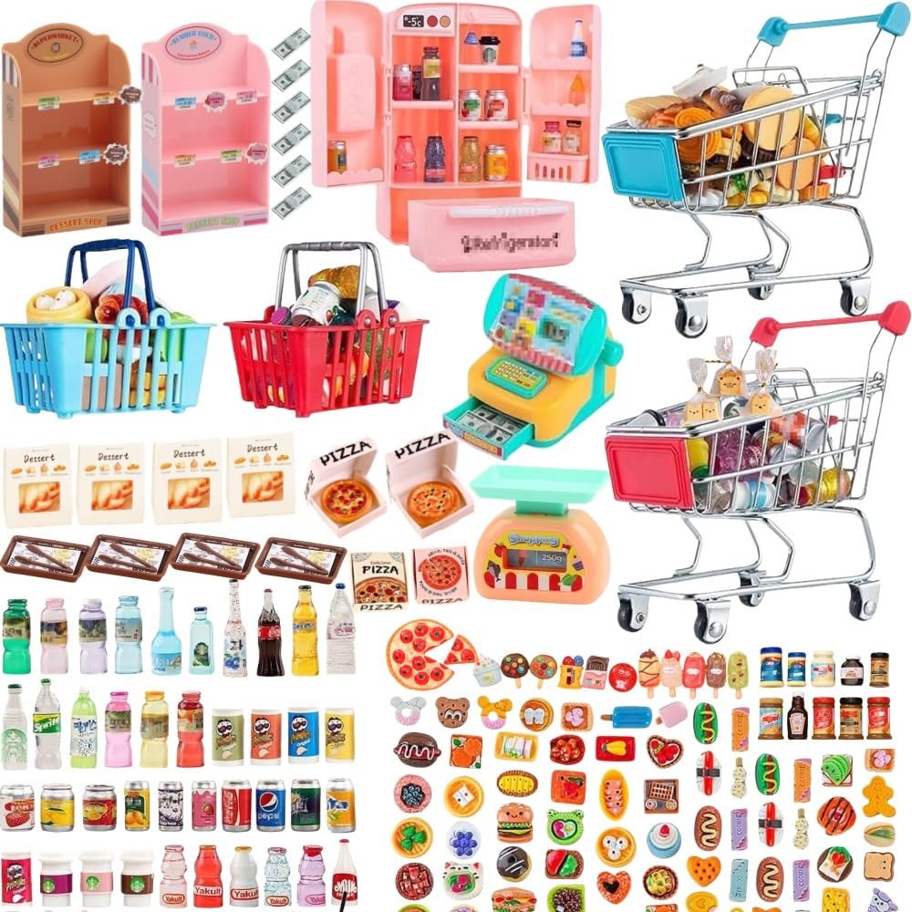 200Pcs Mini Toy Shopping Cart for Kids, Miniature Food Drink, Fill The Fridge Set, Grocery Store Play Set, Miniature Dollhouse Accessories Perfect for Ages 3+ Pretend Play and Role-Playing Games