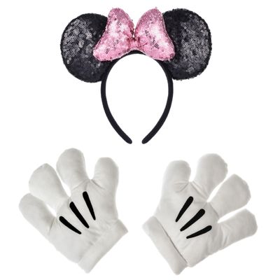 A Miaow Black Mouse Ears Headband 3D Glitter Sequins Bow White Cartoon 4-Finger Mice Hand Glove Set for Cosplay Costume Party (Black and Pink Set)