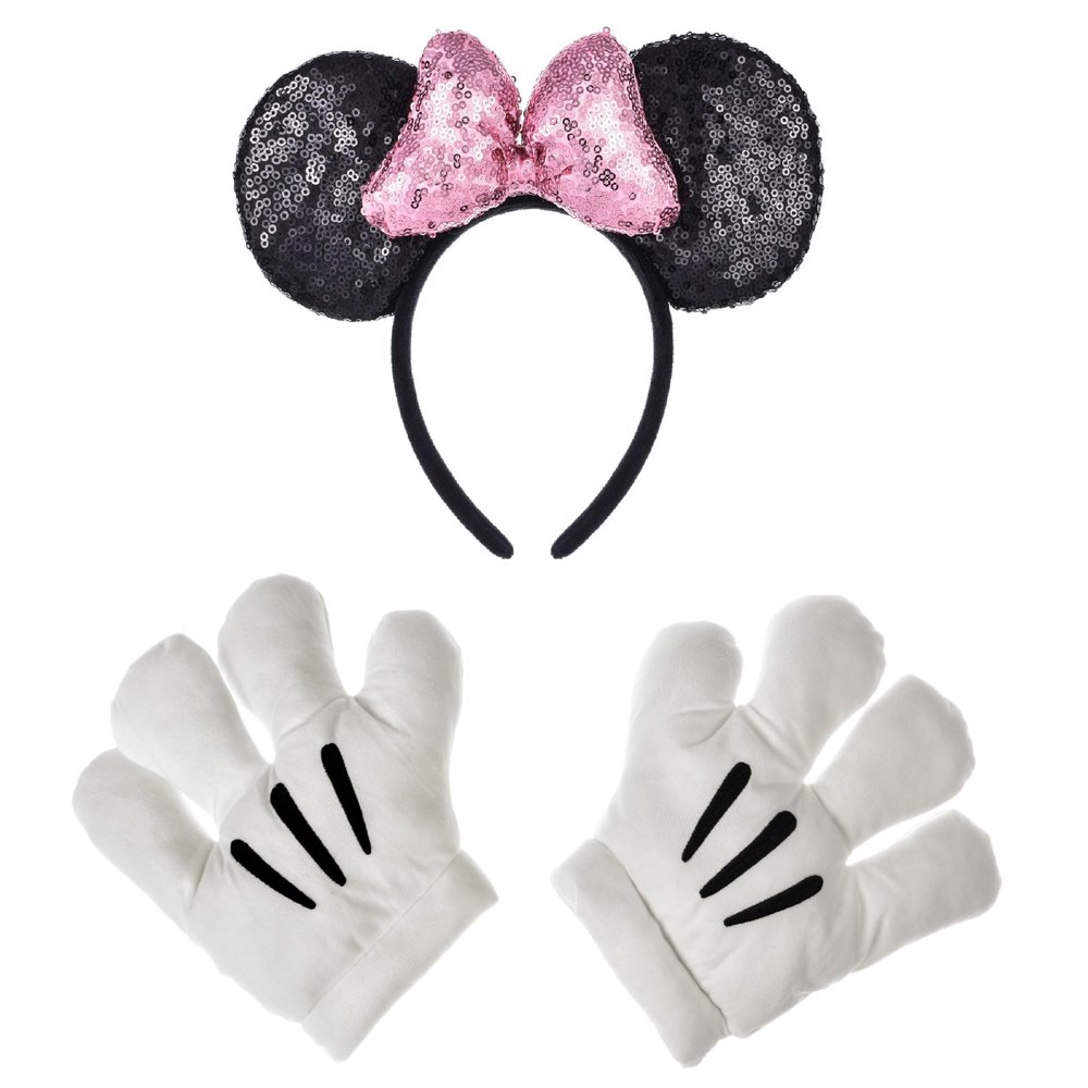 A Miaow Black Mouse Ears Headband 3D Glitter Sequins Bow White Cartoon 4-Finger Mice Hand Glove Set for Cosplay Costume Party (Black and Pink Set)