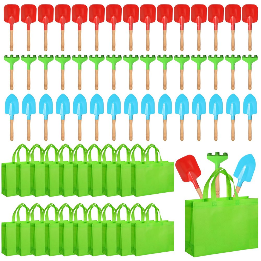 Liliful 60 Pcs Kids Gardening Tools Set Garden Rake Garden Shovel Gardener Trowel Green Tote Bags Metal Mini Gardening Tools with Wooden Handle Beach Sandbox Toy for Planting Loosening Digging