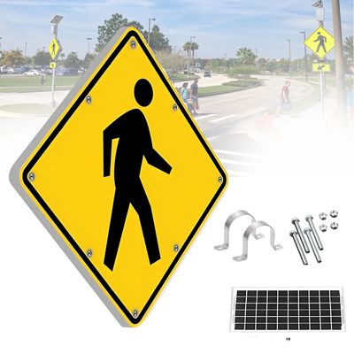 DowPie Solar Powered Led Flashing Pedestrian Crossing Sign,16 Flashing Led Pedestrian Crossing Road Warning Signs Traffic,Aluminum Ip65,for Park School Urban 1set-24in