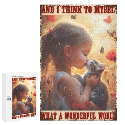 1000 PCS Wood Jigsaw Puzzles for Adults Flower and I Think to Myself What A Wonderful Worldgraden Girl and Cat Vintage Puzzles for Adults Games Educational Toys Gifts