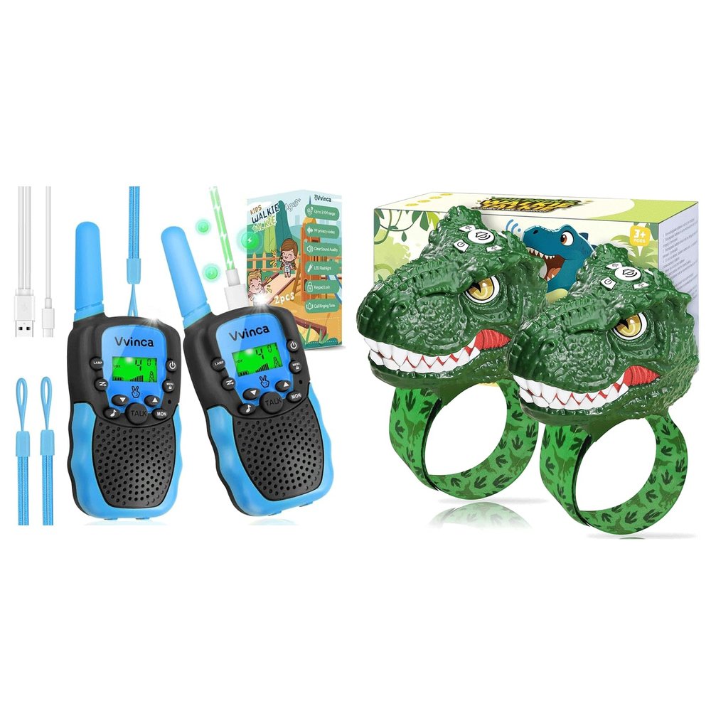 Vvinca Kids Walkie Talkies 4-Packs with 2 Dinosaur and 2 Rechargeable Long Range Walkie Talkies with Flashlight for Boys Girls Age 3-12 Ultimate Outdoor Adventure Gift Set
