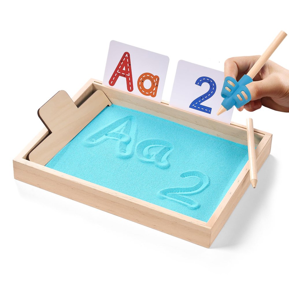 MORITECK Montessori Sand Tray for Kids,Writing Play Sand Tray with Lid for Classroom Practice Writing Letters and Numbers (Blue, Large)