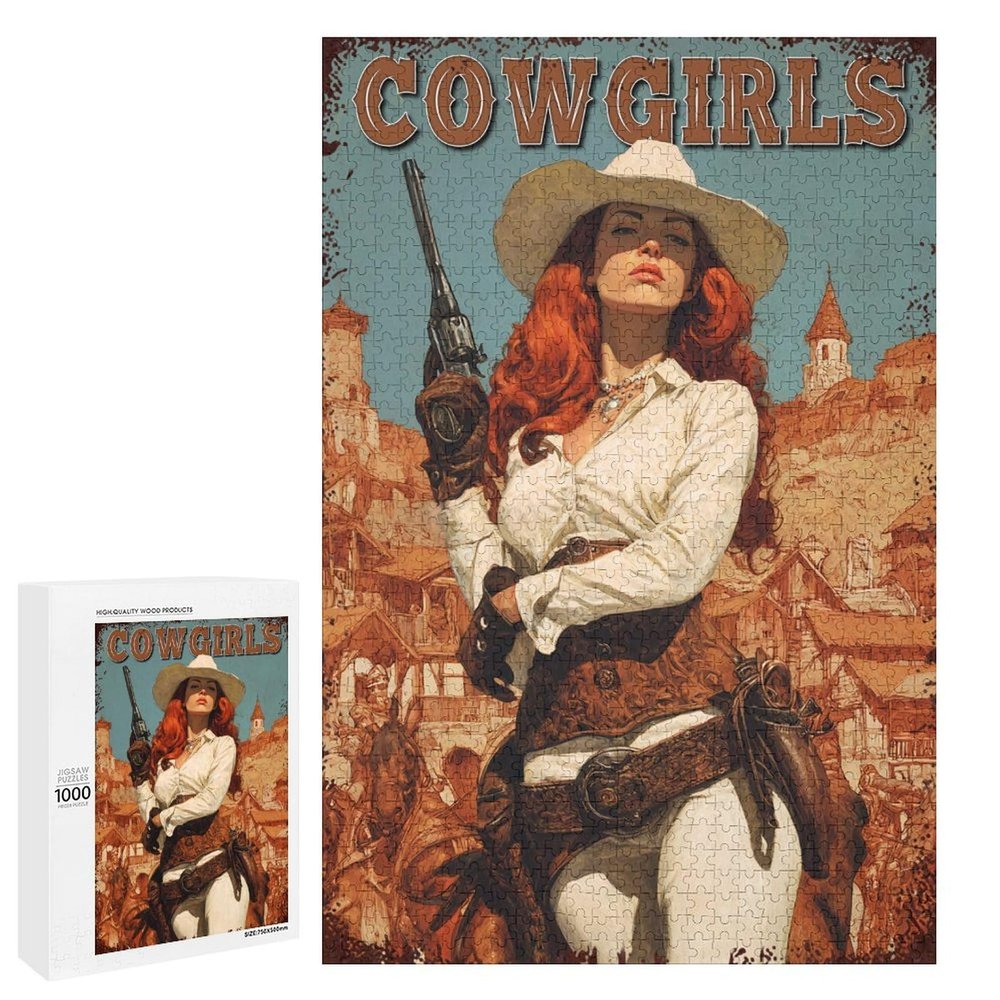 1000 PCS Wood Jigsaw Puzzles for Adults Western Cowgirl Pin Up Girl Wanted Puzzles for Adults Games Educational Toys Gifts