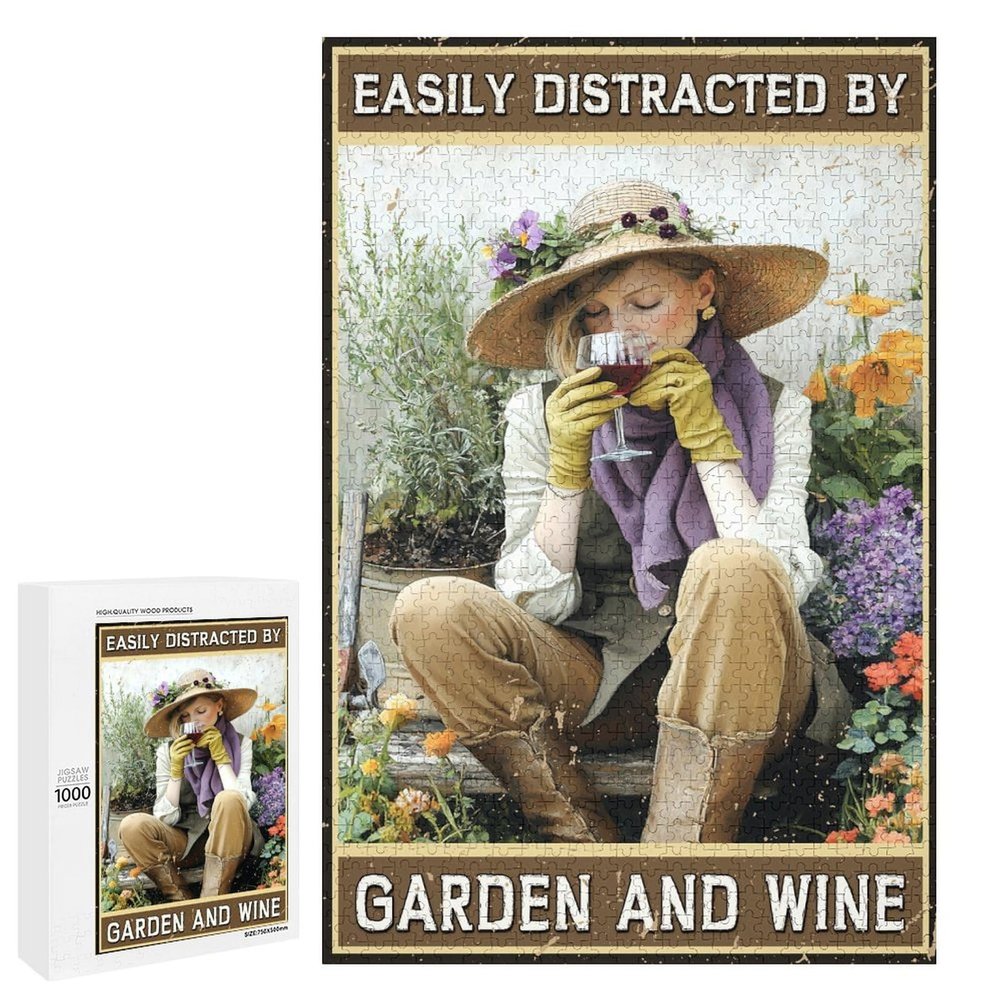 1000 PCS Wood Jigsaw Puzzles for Adults Gardener Gardening Girl Easily Distracted by Garden and Wine Puzzles for Adults Games Educational Toys Gifts
