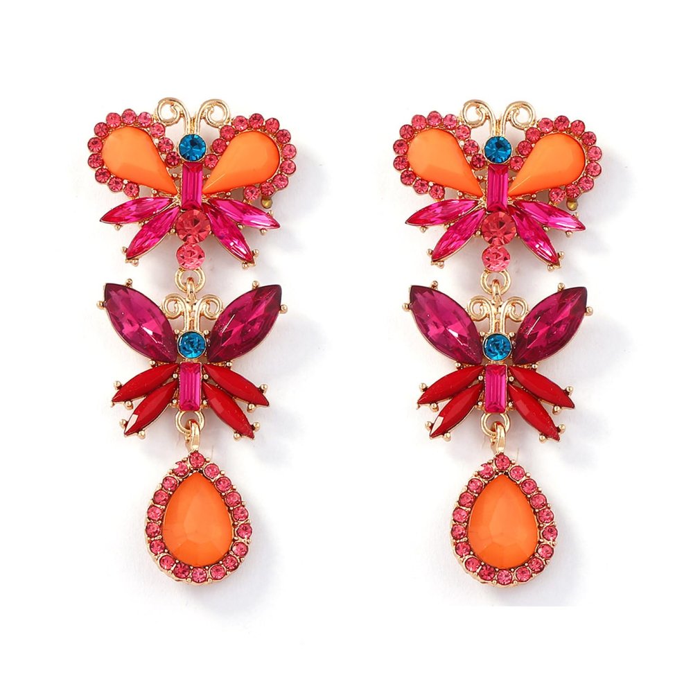 7 * 2.7cm Retro Alloy Glass Animal Butterfly Tassel Female Earrings,orange,7 * 2.7cm