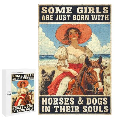 1000 PCS Wood Jigsaw Puzzles for Adults Horse Riding Girl Some Girls are Just Born with Horses Dogs in Their Souls Vintage Puzzles for Adults Games Educational Toys Gifts