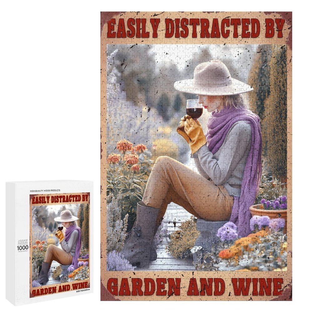 1000 PCS Wood Jigsaw Puzzles for Adults Gardener Gardening Girl Easily Distracted by Garden and Wine Vintage Puzzles for Adults Games Educational Toys Gifts