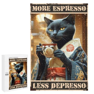 1000 PCS Wood Jigsaw Puzzles for Adults Black Cat Coffee Black Cat Coffee Poster More Espresso, Less Depresso Fun Puzzles for Adults Games Educational Toys Gifts