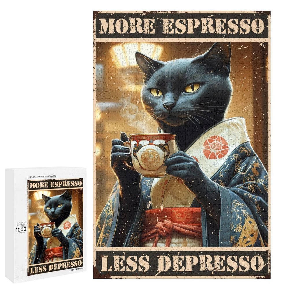 1000 PCS Wood Jigsaw Puzzles for Adults Black Cat Coffee Black Cat Coffee Poster More Espresso, Less Depresso Fun Puzzles for Adults Games Educational Toys Gifts