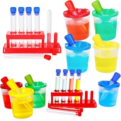 30 Pcs Science Test Tubes Set Include Clear Plastic Test Tubes with Caps Paint Cup Storage Stand Droppers for Kids Little Scientist Lab Party Supplies Color Science Experiments