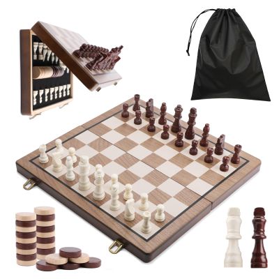 15 Inch Magnetic Wooden Chess Set with Folding Board and Chess Piece Storage Slot, Handmade Portable Travel Chess Game Sets for Kids Adults Beginner and Pros, Carry Bag, 2 Extra Queens