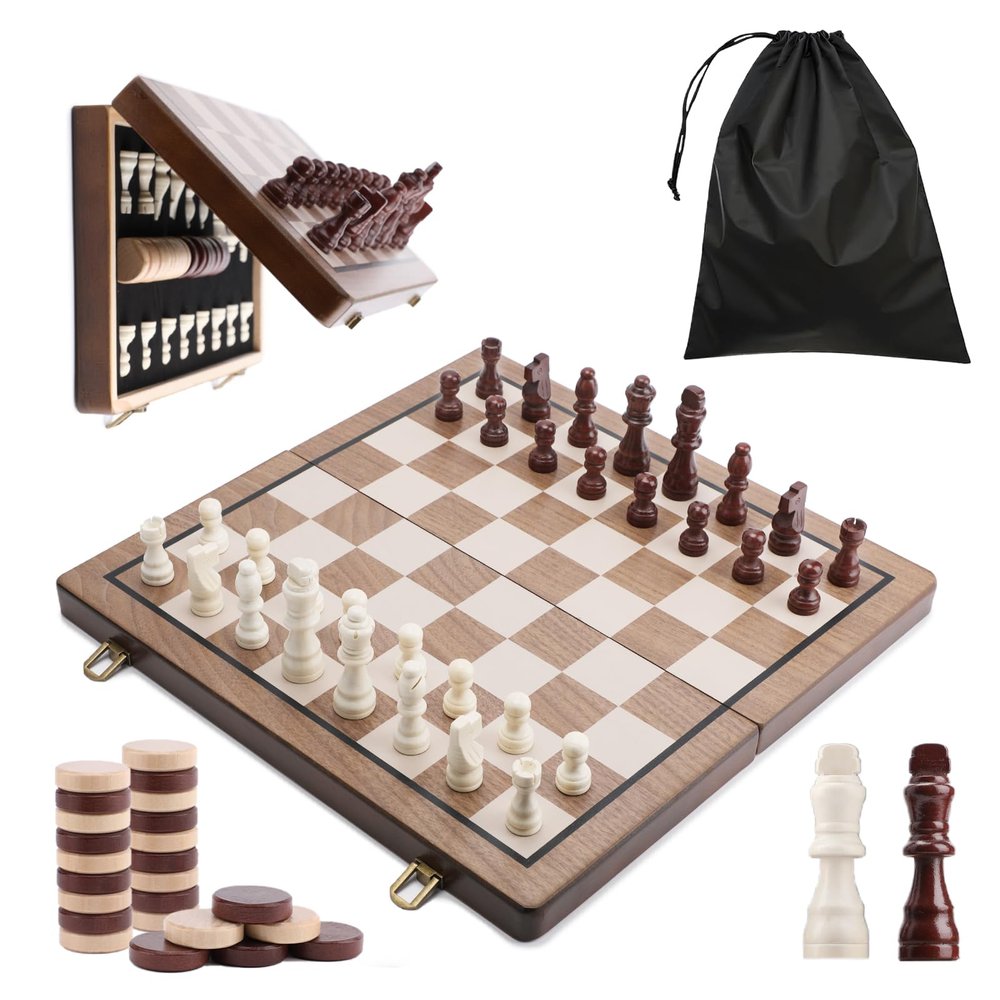 15 Inch Magnetic Wooden Chess Set with Folding Board and Chess Piece Storage Slot, Handmade Portable Travel Chess Game Sets for Kids Adults Beginner and Pros, Carry Bag, 2 Extra Queens