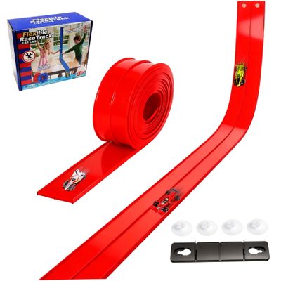 Flexible Race Track for Kids 15ft Portable Roll up Flex Track Race Cars with Suction Cups & Dual Orbits DIY Play Fun for Boys Girls Indoor Outdoor, Red
