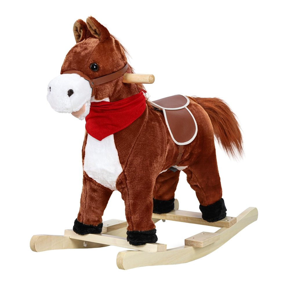 Rocking Horses Ages 1-3, Plush Ride on Animal with Wooden Rockers, Moving Mouth and Wagging Tail, Musical Sounds, 110lb Weight Capacity Dark Brown Small