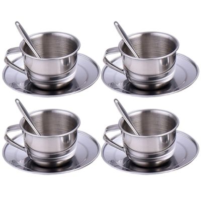 CAKEEYUM Kids Tea Set Heat-Resistant Stainless Steel Childrens Tea Set with 4 70ml Cup 4 Saucer and Spoon for Girls and Boys