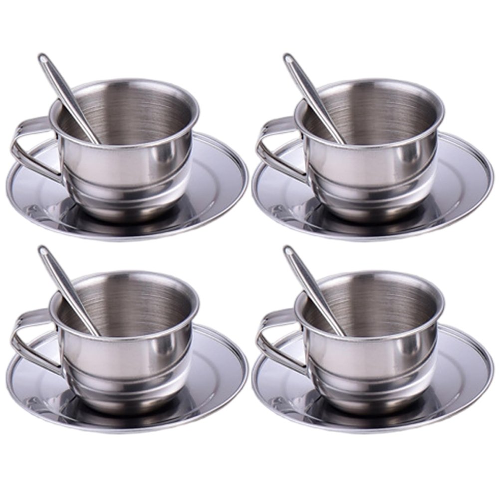 CAKEEYUM Kids Tea Set Heat-Resistant Stainless Steel Childrens Tea Set with 4 70ml Cup 4 Saucer and Spoon for Girls and Boys
