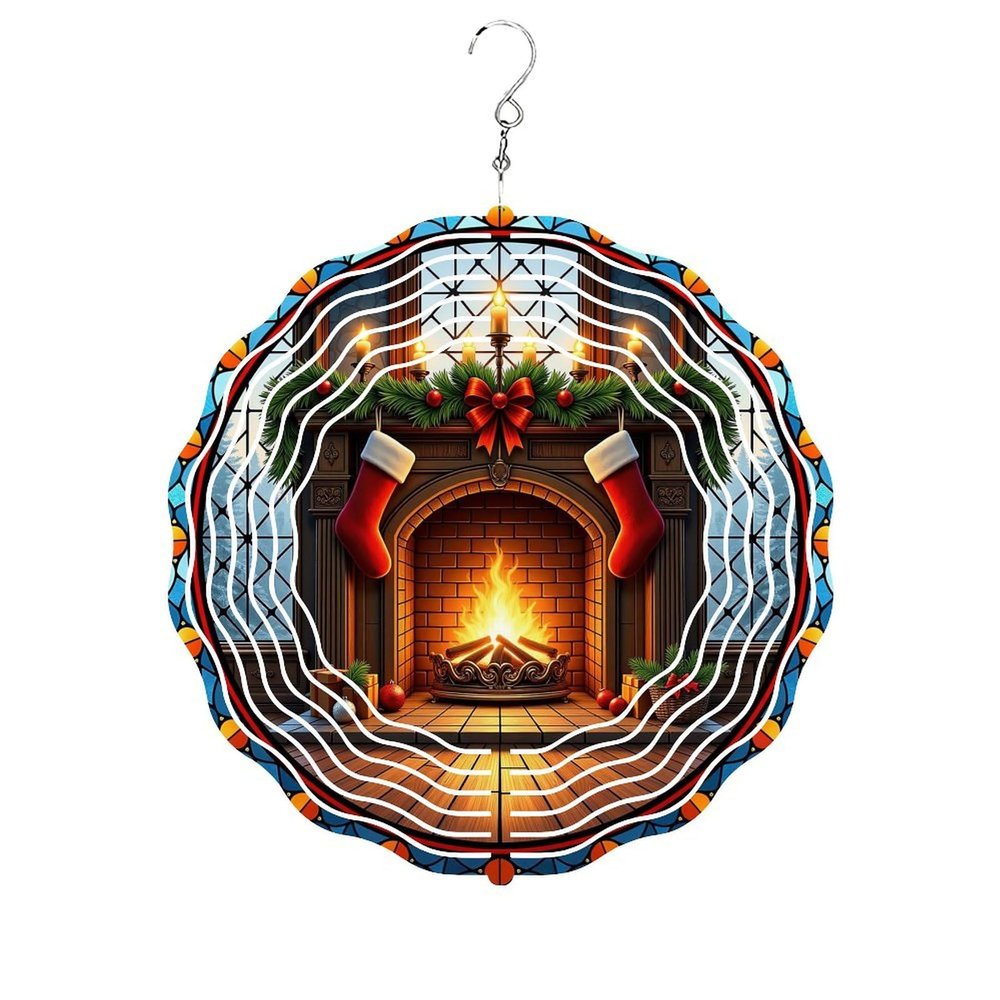 Wind Spinner Outdoor 10 Inch Glowing Fireplace with Stockings for Yard and Garden 3D Stainless Steel Wind Sculpture Unique Gift Hanging Spinner Ornament Decoration