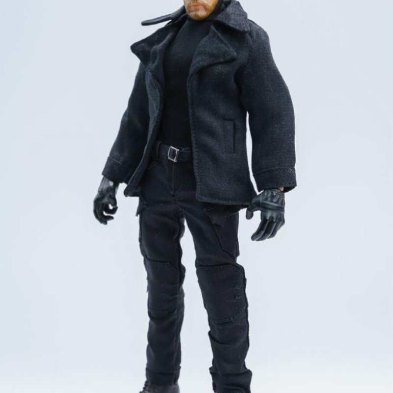 1/12 Scale Male Black Turtleneck & Trousers & Trench Coat (Includes Belt) Set for 6-inches Action Figure Body, 1/12 Man Suit Trench Coat & Shirt & Pants Outfit Clothing (Black Outfit (Includes Belt))