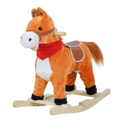 Rocking Horses Ages 1-3, Plush Ride on Animal with Wooden Rockers, Moving Mouth and Wagging Tail, Musical Sounds, 110lb Weight Capacity Light Brown Small