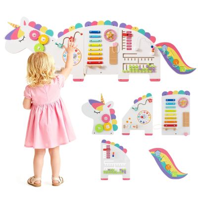 HONEY JOY Unicorn Activity Wall Busy Board Panels, 11-in-1 Wooden Sensory Wall Panel for Kids, Toddler Learning Activity Center, Ideal for Playroom Daycare Nursery Classroom Dentist Office (White)