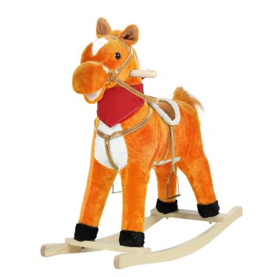 Rocking Horses Ages 1-3, Plush Ride on Animal with Wooden Rockers, Moving Mouth and Wagging Tail, Musical Sounds, 110lb Weight Capacity Light Brown Middle