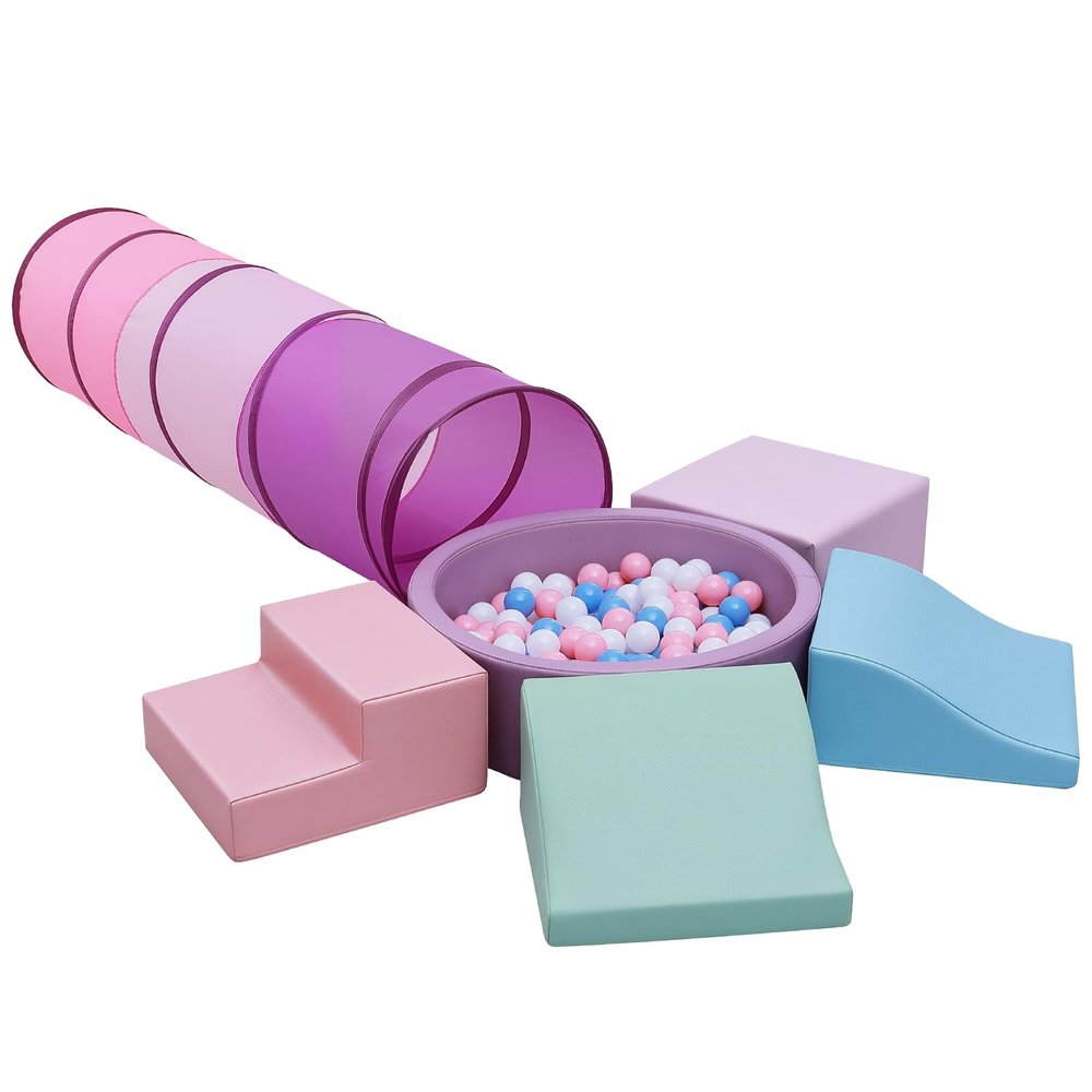 Hoohtoot Foam Climbing Toy for Toddlerwith 4-Piece PU Leather Climbing Blocks, a Baby Ball Pit and Play Tunnel - Climb and Crawl Soft Play Set - Kids Crawling Obstacle Course Indoor Jungle Gym