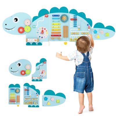 HONEY JOY Dinosaur Activity Wall Busy Board Panels, 11-in-1 Wooden Sensory Wall Panel for Kids, Toddler Learning Activity Center, Ideal for Playroom Daycare Nursery Classroom Dentist Office (Blue)