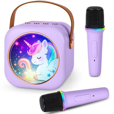 Mini Karaoke Machine with 2 Wireless Microphones, Portable Bluetooth Speaker for Kids & Adults, Ideal Birthday for Girls Boys Ages 3-12, Home Party Travel Entertainment Toy (Purple)