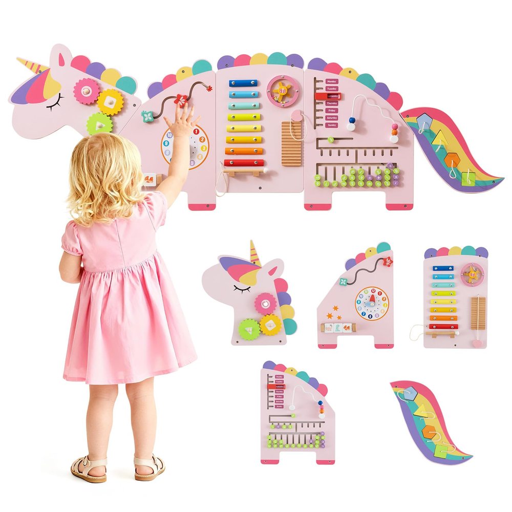 HONEY JOY Unicorn Activity Wall Busy Board Panels, 11-in-1 Wooden Sensory Wall Panel for Kids, Toddler Learning Activity Center, Ideal for Playroom Daycare Nursery Classroom Dentist Office (Pink)