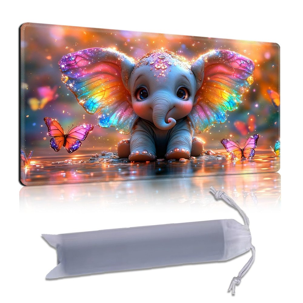 DISUOFEART Playmat for MTG & Magic: The Gathering, 28x16 inch Non-Slip TCG Game Mat for Commander, Baby Elephant with Rainbow Ears Card Game Table Mat