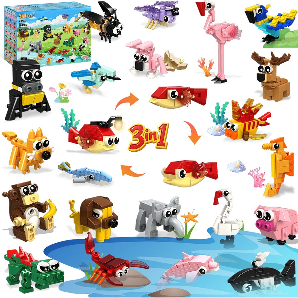 SliBoeyX 24 Pack Animal Party Favors for Kids, 3-in-1 Mini Animal Building Block Toys with 72 Designs, Goodie Bag Stuffers, Classroom Rewards, Birthday Party Gifts for Boys Girls Ages 612