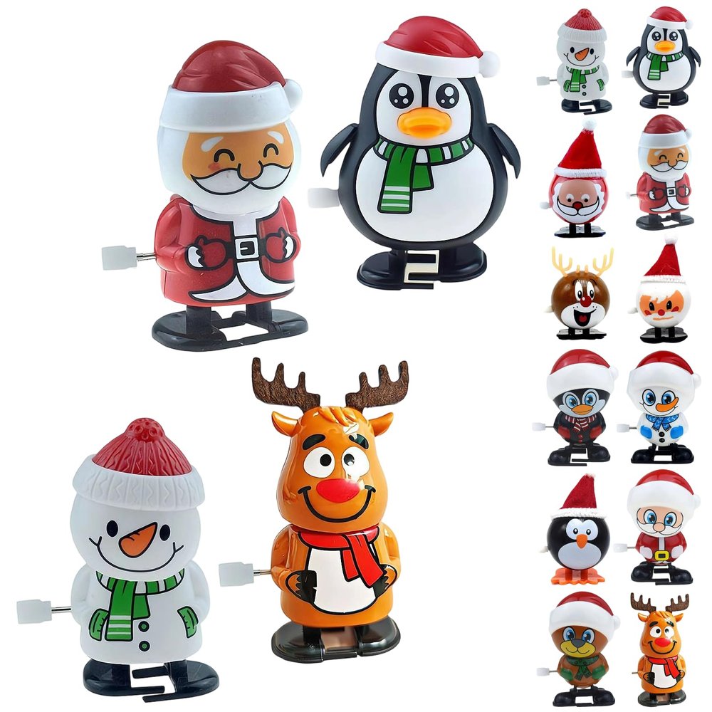 4PCS Christmas Wind Up Figurines for Kids Christmas Stocking Stuffers, Mini Xmas Clockwork Figurine Assortment, Santa & Tree Wind Up Chain Figures, Goody Bag Fillers for Kids Party Favors Birthday